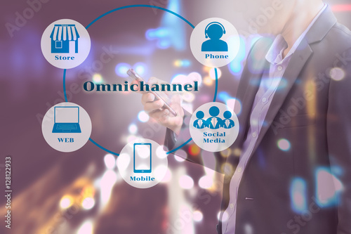 Marketing Data mangement platform and Omnichannel concept image. Omnichannel element icons on Business man using smart phone and bitcoin connection diagram on screen.