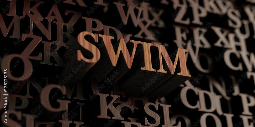 Swim - Wooden 3D rendered letters/message.  Can be used for an online banner ad or a print postcard.