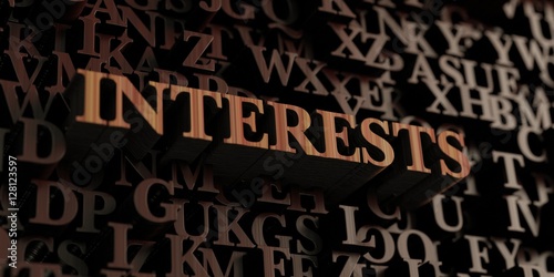 Interests - Wooden 3D rendered letters/message. Can be used for an online banner ad or a print postcard.