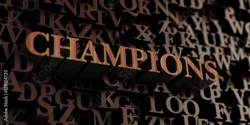 Champions - Wooden 3D rendered letters/message. Can be used for an online banner ad or a print postcard.
