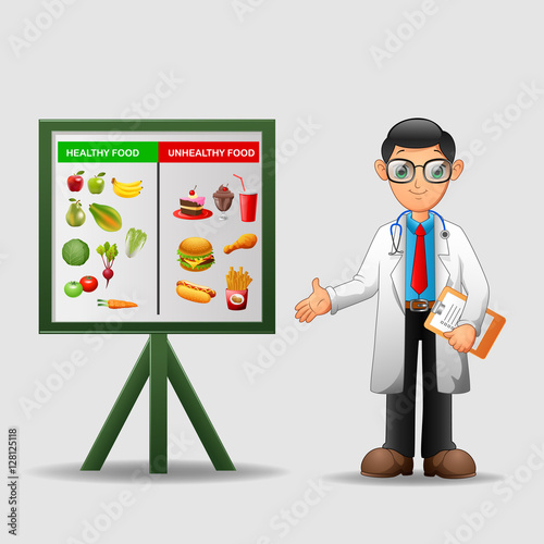 Nutritionist illustration. Doctor shows poster about dietetic healthy and unhealthy food. vector