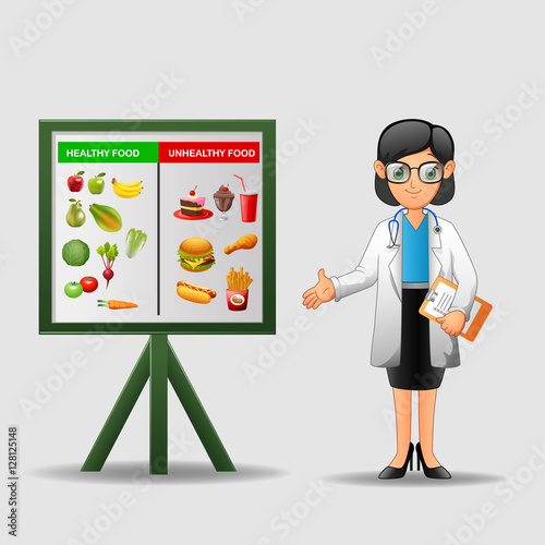 Nutritionist illustration. Doctor shows poster about dietetic healthy and unhealthy food. vector
