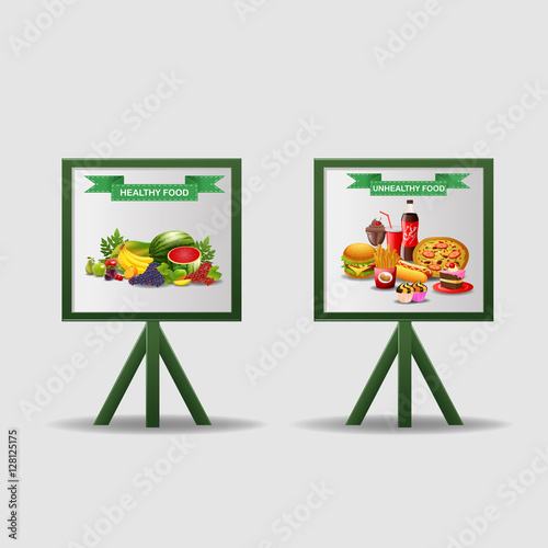 Nutritionist illustration. poster about dietetic healthy and unhealthy food. vector