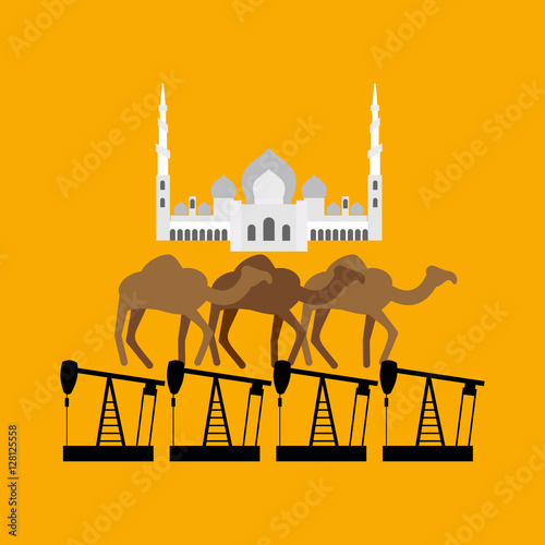 UAE system. Sheikh Zayed Mosque stands on camel and oil rig