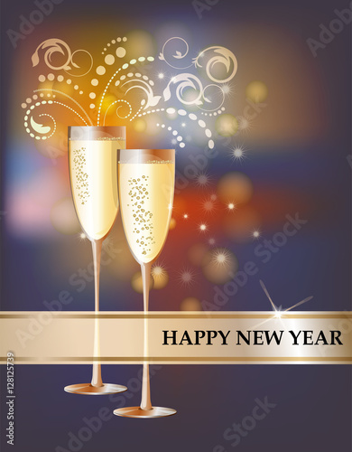 Happy new year best party greeting card with colorful background and champagne glass 