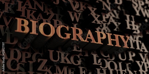 Biography - Wooden 3D rendered letters/message.  Can be used for an online banner ad or a print postcard.