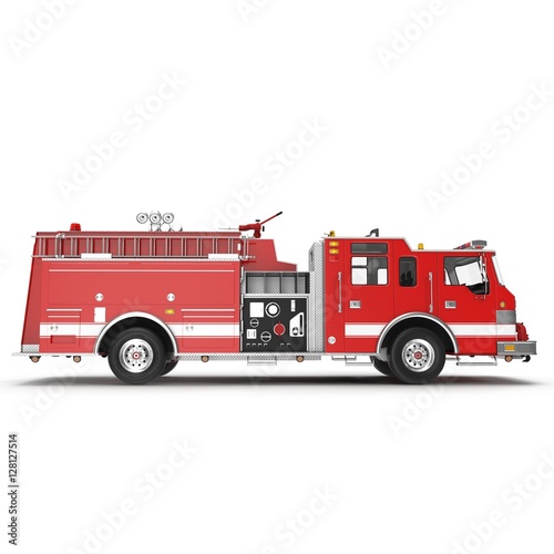 Side view Fire truck or engine Isolated on White. 3D illustration