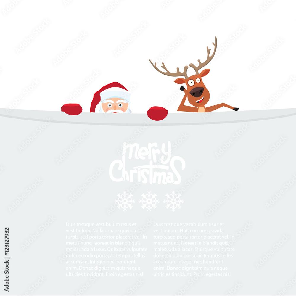 Fototapeta premium Cute cartoon Santa Claus and reindeer looking from behind blank billboard. Merry Christmas calligraphy and snowflakes on board.