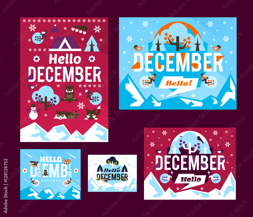 A set of illustrations on the theme of December. Holidays winter. Hello december. Designed for printing, postcards, calendars, notebooks, diary. Owl, raccoon, bullfinch, forest, fox, house, mountains