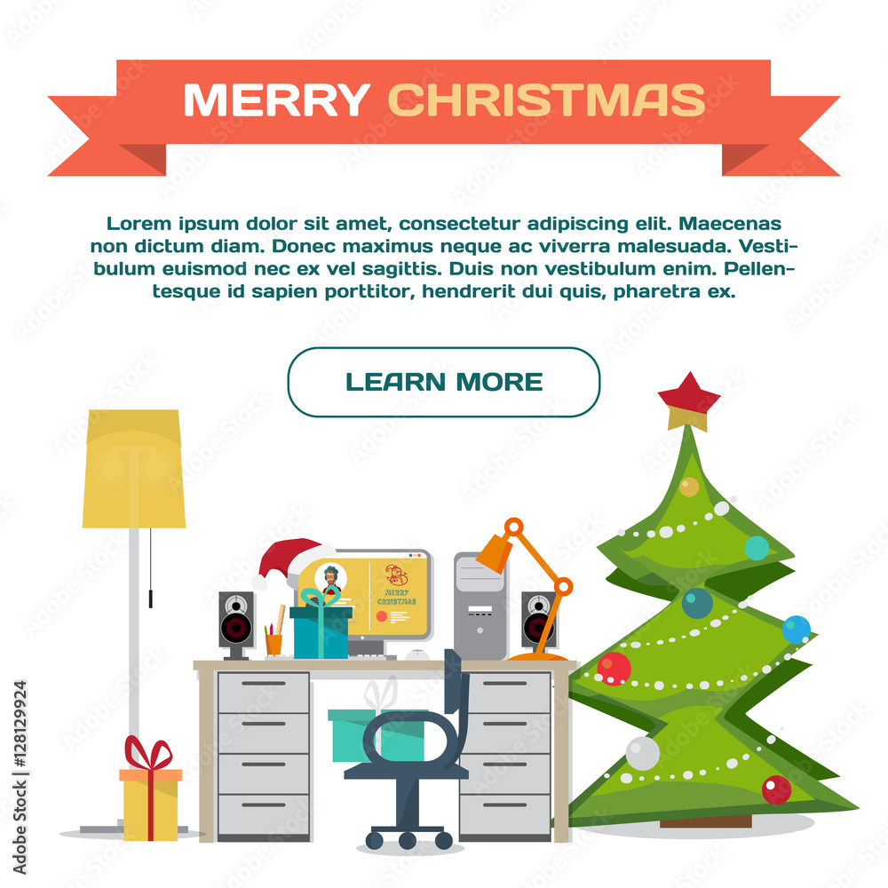 Template webpage about Christmas. Workplace interior vector flat