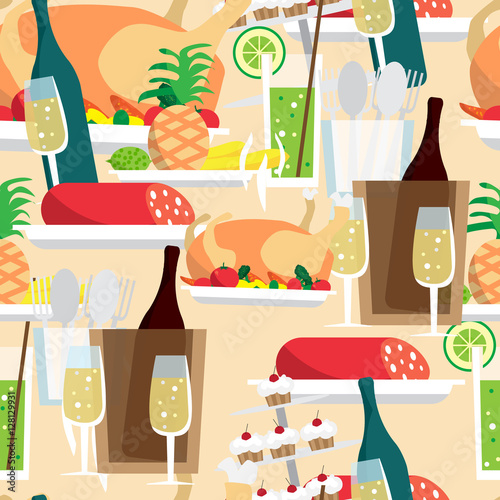 Seamless textile pattern with Christmas or New Year's food and t