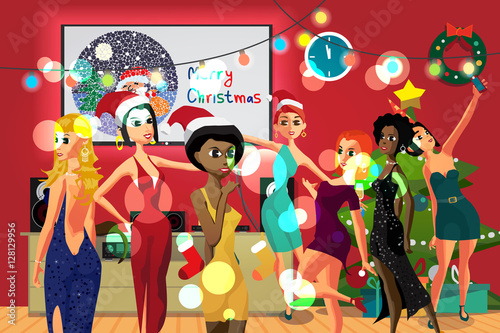 Home Party New Year or Christmas. Girls dancing in a room decora
