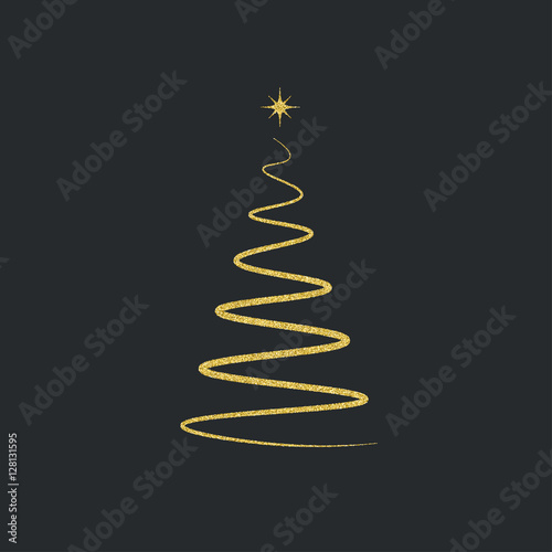 Silhouette of a Christmas tree with a star on a black background. Gold glitter effect. Vector illustration.