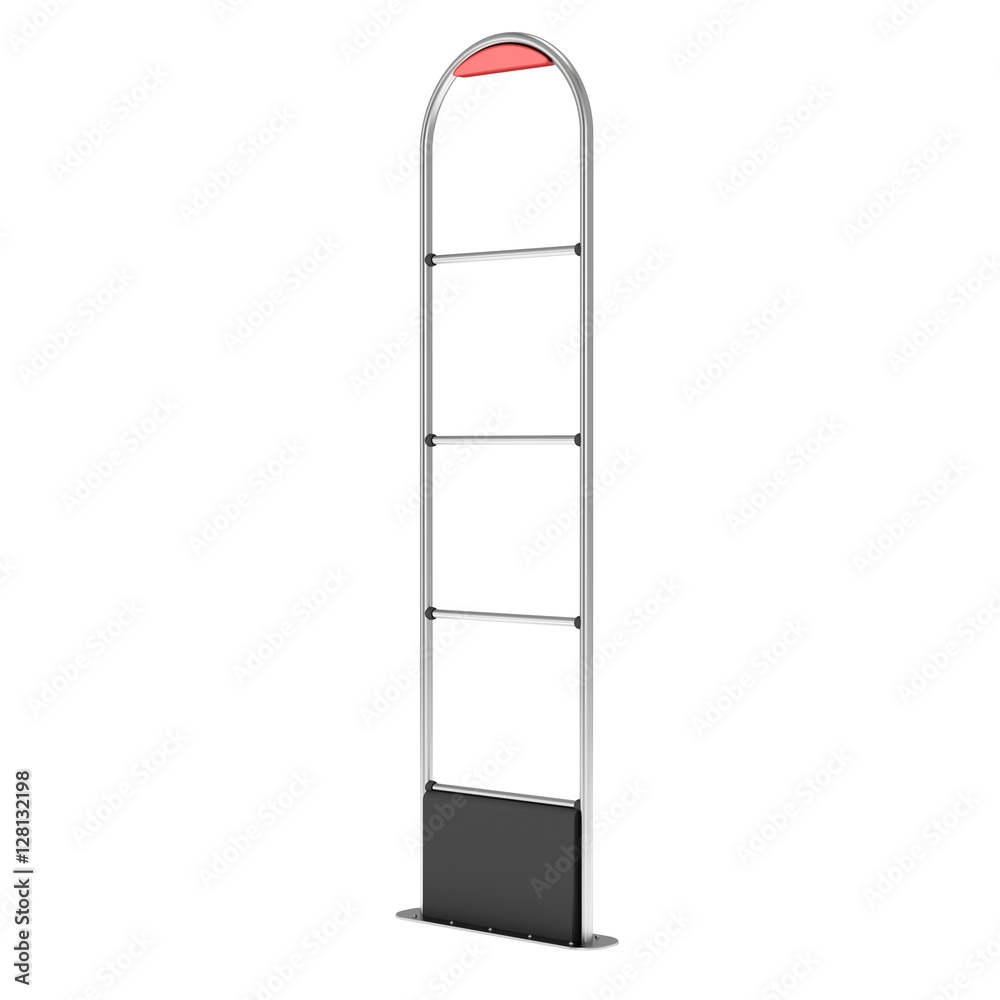 3D shop security anti-theft sensor gates. 3D render illustration of shoplifter scanner isolated on white background. Scanner entrance gate for prevent theft in shop or store. Security concept. 3D shop security anti-theft sensor gates. 3D render illustration of shoplifter scanner isolated on white background. Scanner entrance gate for prevent theft in shop or store. Security concept.