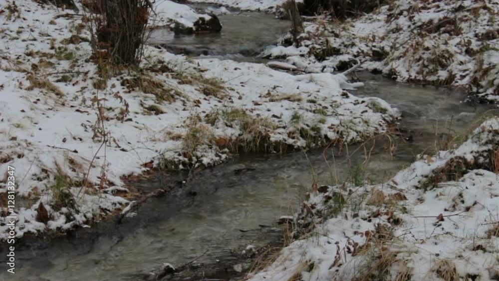 Stream in a snowy winter forest. Creek flows among the trees and dry grass covered with snow