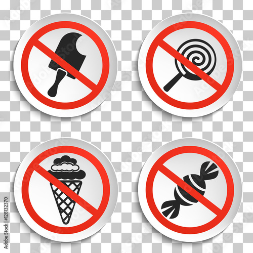 No food and Ice Cream Prohibition Signs on White Round Plate. No Ice Cream Vector Illustration on transparent background