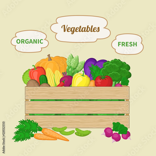 Vegetables mixed in a wooden box. Crate with autumn vegetables. Fresh Organic food from the farm. Vector colorful illustration of the logo autumn harvest