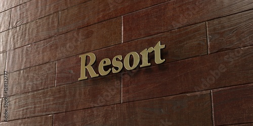 Resort - Bronze plaque mounted on maple wood wall - 3D rendered royalty free stock picture. This image can be used for an online website banner ad or a print postcard.
