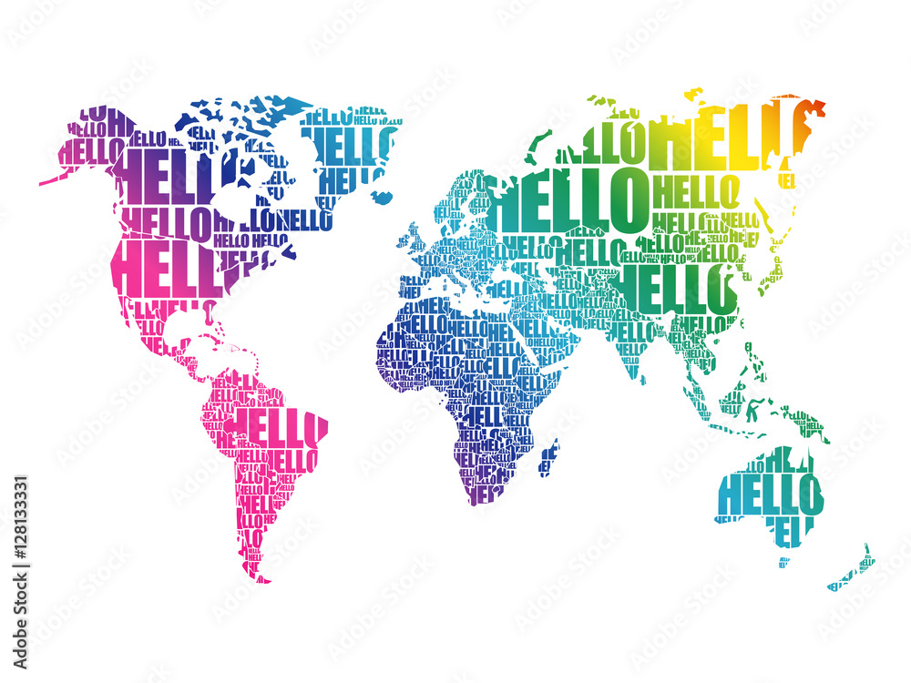 HELLO Word Cloud World Map in Typography, background concept HELLO Word Cloud World Map in Typography, background concept