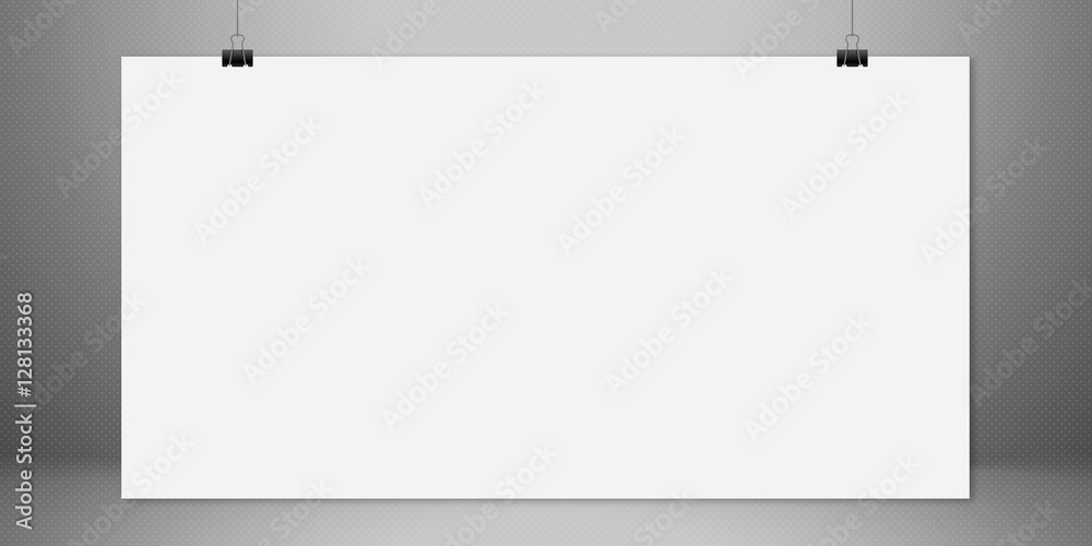 white blank horizontal sheet of paper on the light grey background, mock-up illustration (poster, picture frame)
