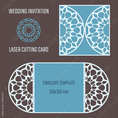 DIY laser cutting vector envelope. Wedding die cut invitation template. Cutout silhouette card. Fretwork envelope. Paper cutting. Scrapbook cutout template.