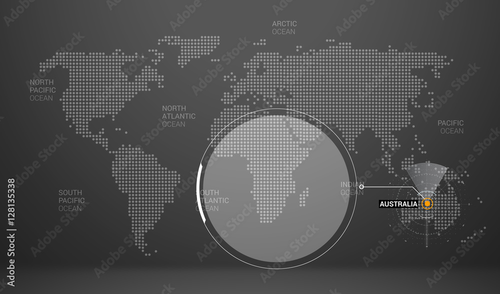 Obraz premium world map with dots continents names markers and state table australia
