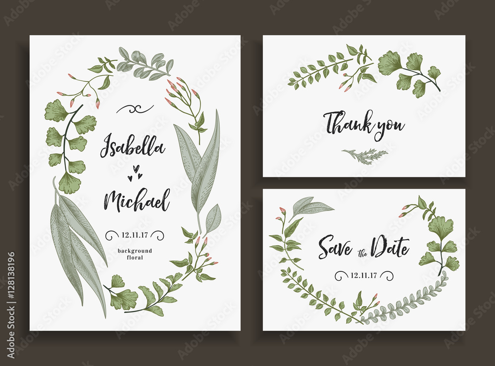 Set of wedding cards with leaves and herbs.