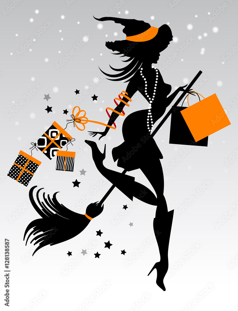 Witch sitting on the broom on winter background and whit gifts