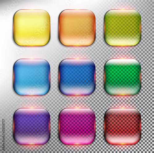 Abstract vector web buttons set of 9. Isolated with realistic, transparent glass shine and shadow on the light background. Vector illustration. Eps10.