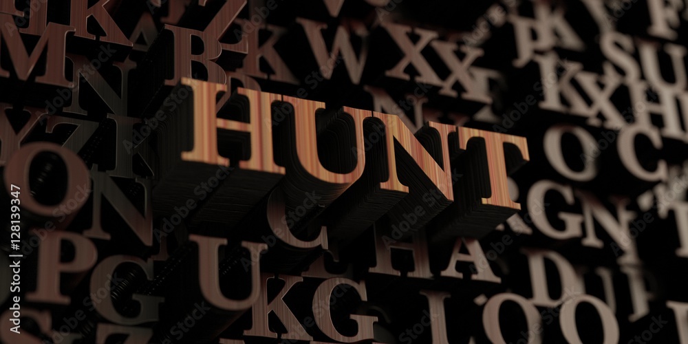 Hunt - Wooden 3D rendered letters/message.  Can be used for an online banner ad or a print postcard.