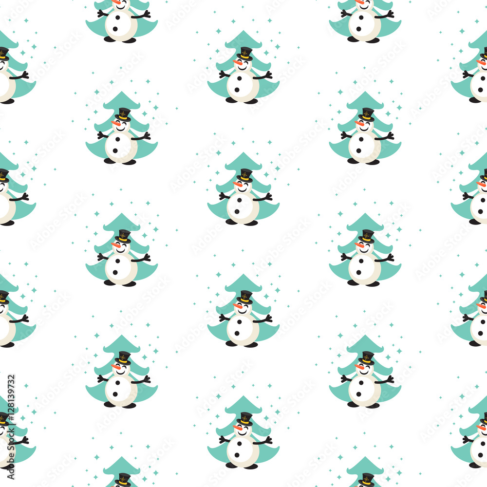 Fun snowman in the forest seamless vector pattern. Green pines and snow white background.