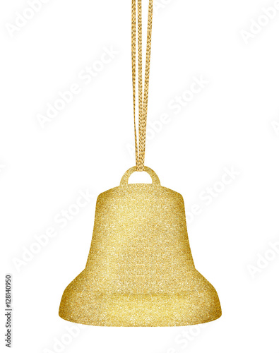 Golden Christmas bell on ribbon as decoration isolated on white