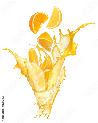 orange juice splashing with its fruits isolated on white