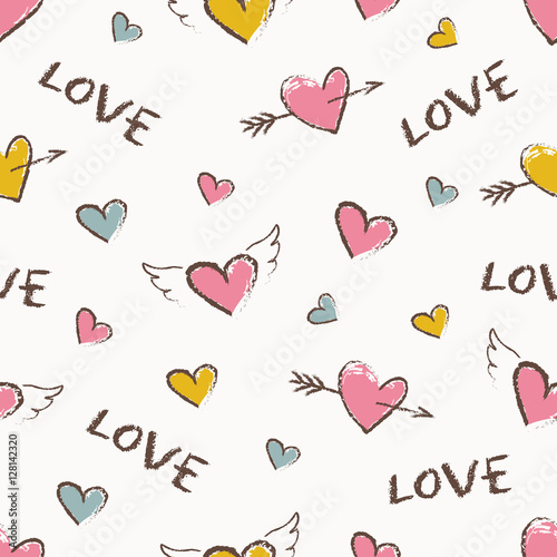 Happy Valentine Day seamless pattern. Vector cute hand drawn red hearts with angel wings and arrows. Seamless texture for wallpapers, pattern fills, web page backgrounds.