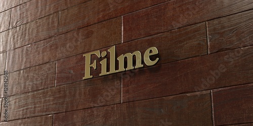 Filme - Bronze plaque mounted on maple wood wall - 3D rendered royalty free stock picture. This image can be used for an online website banner ad or a print postcard.