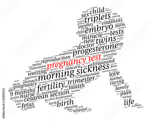 Pregnancy tests. Word cloud, baby silhouette, italic font, white background. The miracle of birth.