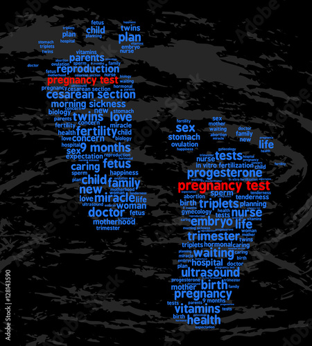 Pregnancy tests. Word cloud, feet traces, grunge background. The miracle of birth.