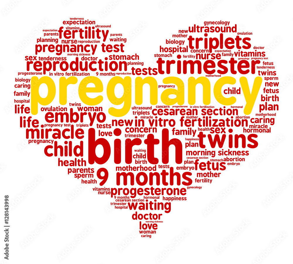 Pregnancy. Word cloud, red heart, white background. The miracle of birth.