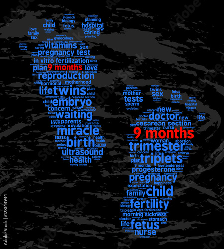 9 months. Word cloud, feet traces, grunge background. The miracle of birth.
