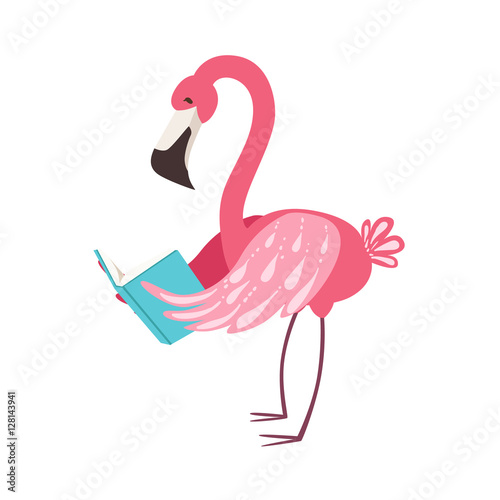Pink Flamingo Smiling Bookworm Zoo Character Wearing Glasses And Reading A Book Cartoon Illustration Part Of Animals In Library Collection
