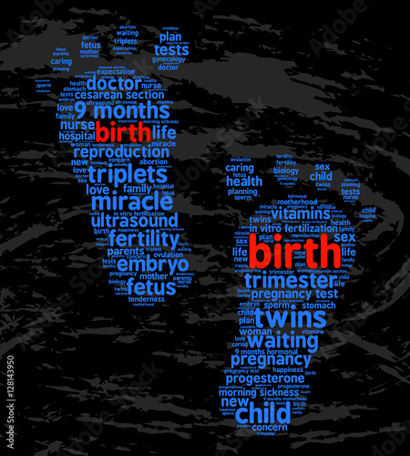 Birth. Word cloud, feet traces, grunge background. The miracle of birth.
