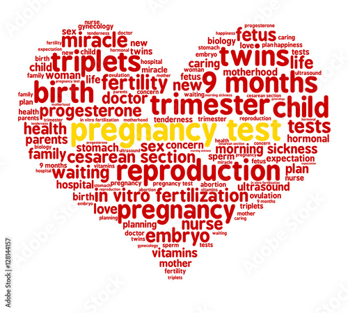 Pregnancy tests. Word cloud, red heart, white background. The miracle of birth.