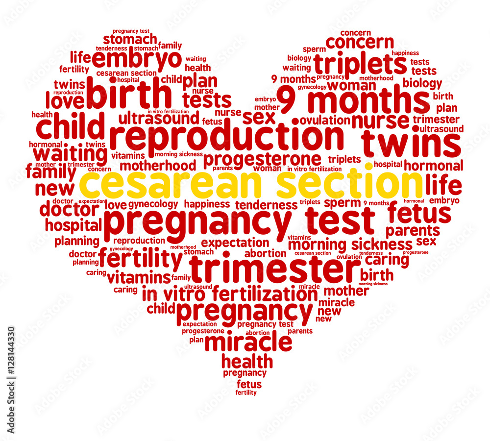 Cesarean section. Word cloud, red heart, white background. The miracle of birth. Cesarean section. Word cloud, red heart, white background. The miracle of birth.