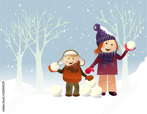 Winter background with playing kids