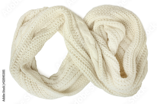 Knitted white scarf, isolated on white background