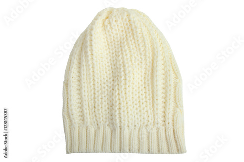 Knitted white hat, isolated on white background