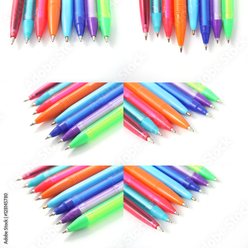 ballpoint pens of different colors. stationery on a white background