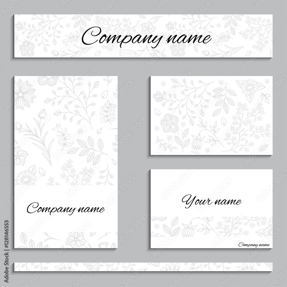 Set of business cards and banners in one style with flowers. Black and white colors. Vector illustration.