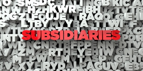 SUBSIDIARIES -  Red text on typography background - 3D rendered royalty free stock image. This image can be used for an online website banner ad or a print postcard. photo