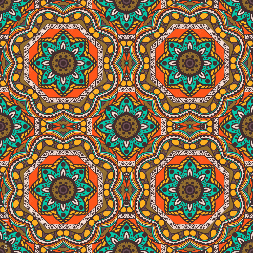 Seamless pattern with mandalas in beautiful colors for your design. Vector ornaments, background